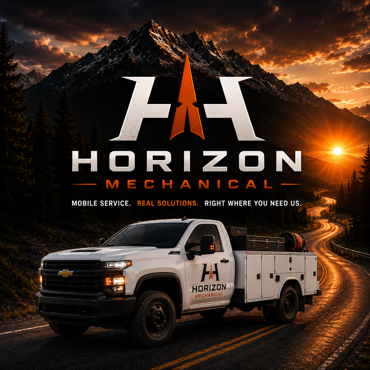 Horizon Mechanical mobile service truck on a mountain road at sunset